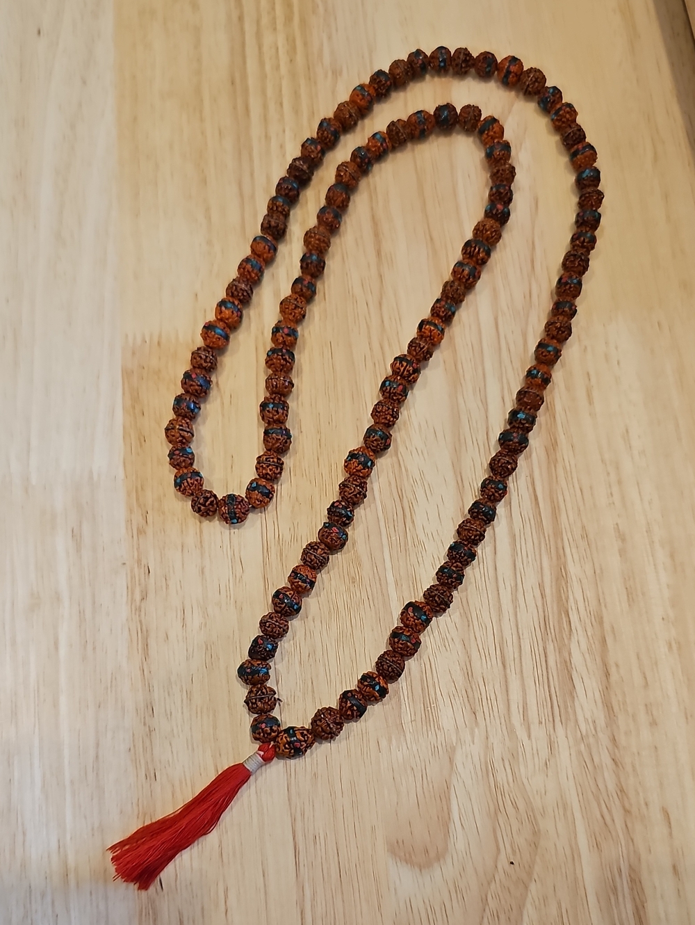Handmade Brown Rudraksha Bead Mala Necklace with Red Tassel